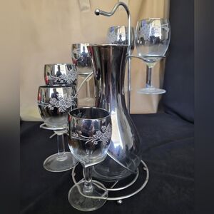 Hollywood Regency Vintage Silver Metallic Wine Set (Carafe, 6 Glasses & Caddy)